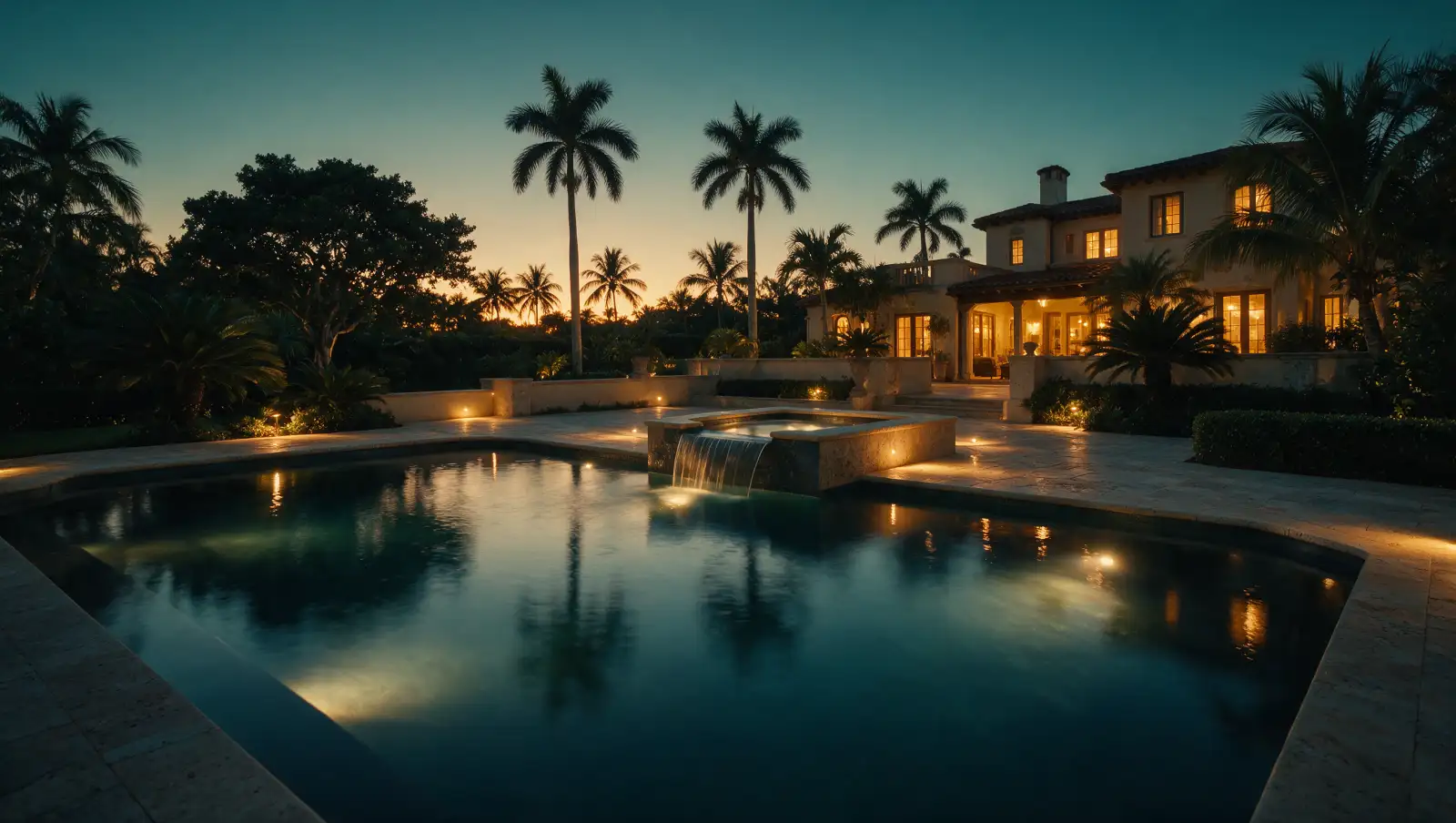 Custom gunite pool and raised spa glowing at dusk behind a Mediterranean-revival West Palm Beach home