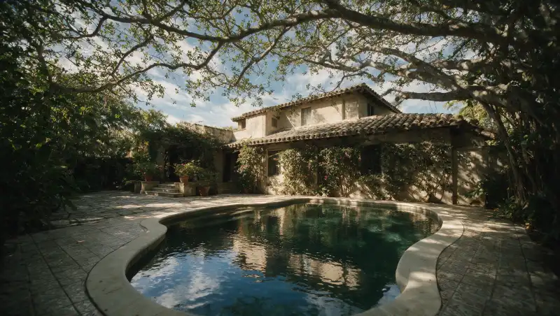 Courtyard plunge pool at a 1920s Mediterranean-revival house with patterned tile surround