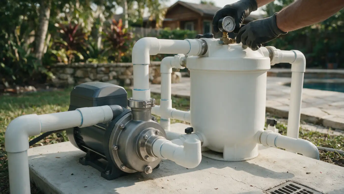 Technician checking the pressure gauge on a variable-speed pool pump at a South Florida equipment pad