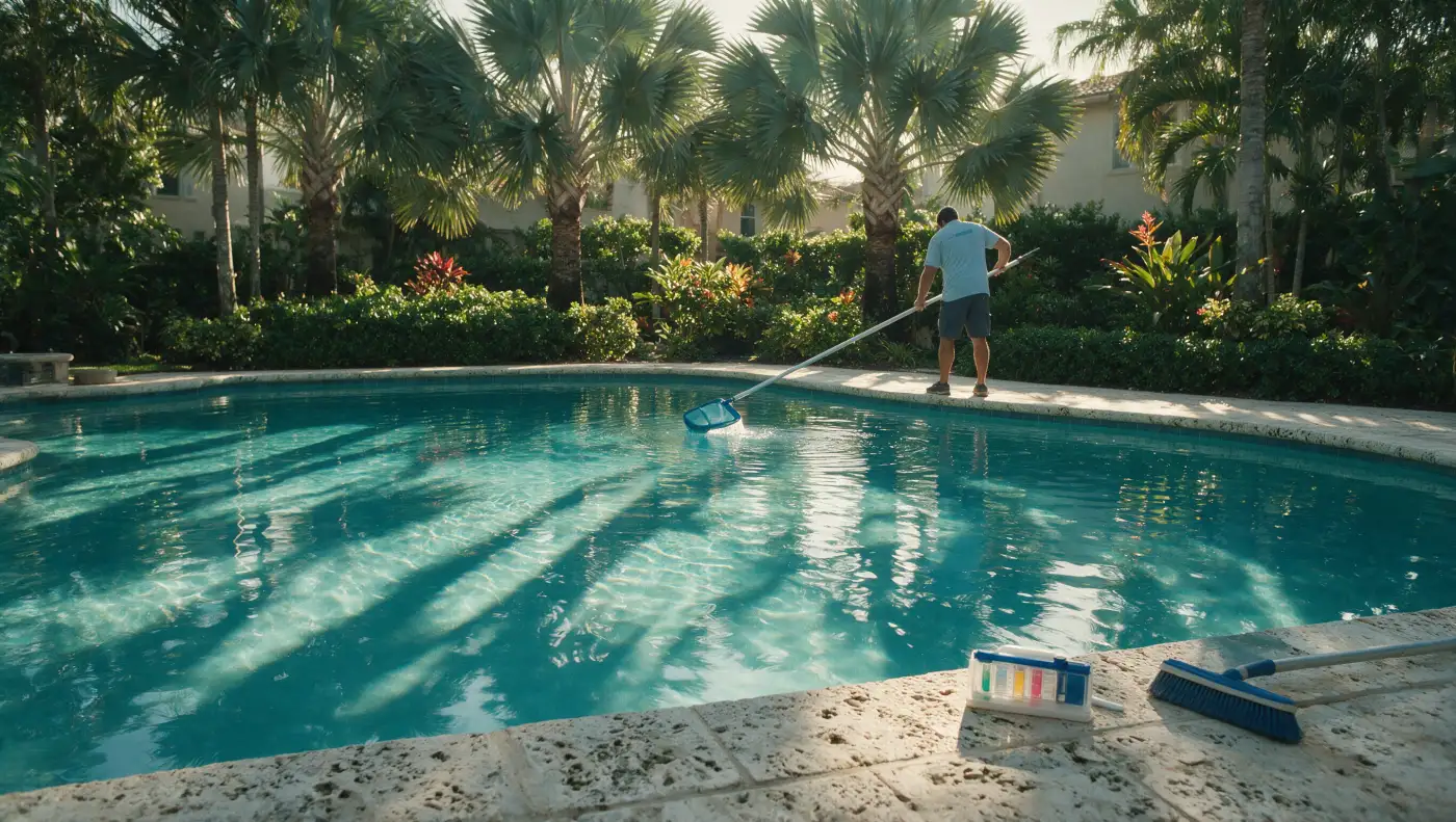 Pool technician skimming a clear turquoise pool in morning light on a weekly service stop
